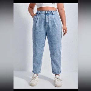 EZwear Plus High Waist Fold Pleated Mom Fit Jeans